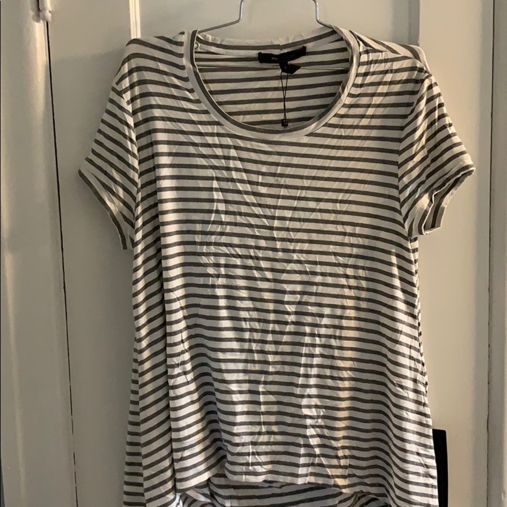 BCBG open back top in white and grey stripes